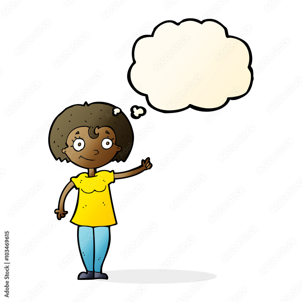 cartoon happy woman pointing with thought bubble cartoon happy woman pointing with thought bubble