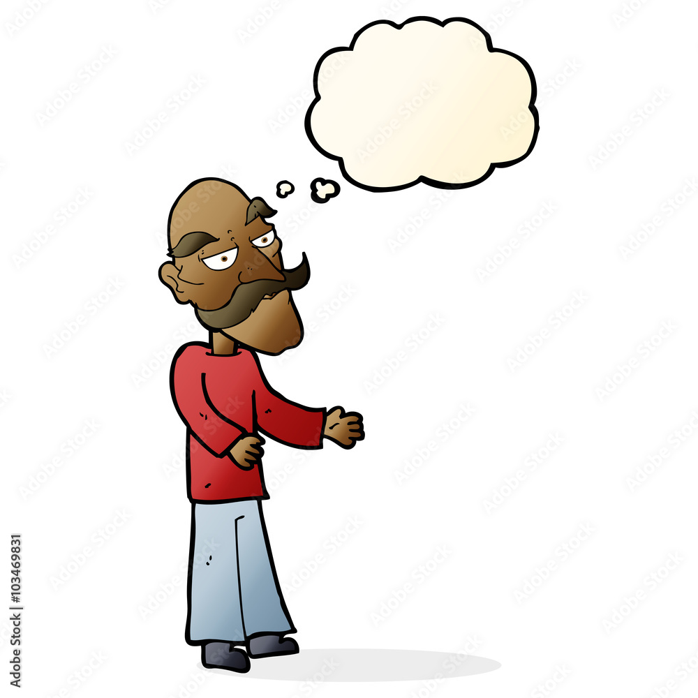 cartoon old man with mustache with thought bubble