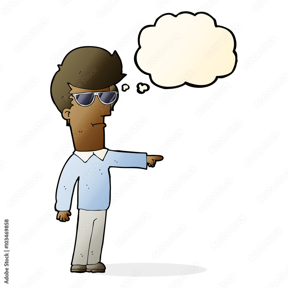 cartoon man in glasses pointing with thought bubble cartoon man in glasses pointing with thought bubble