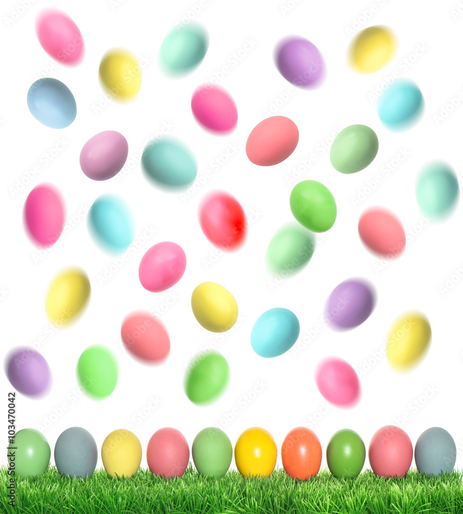 Easter eggs in green grass over white background
