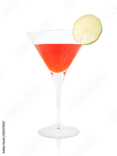 Cosmopolitan cocktail with lime on white background
