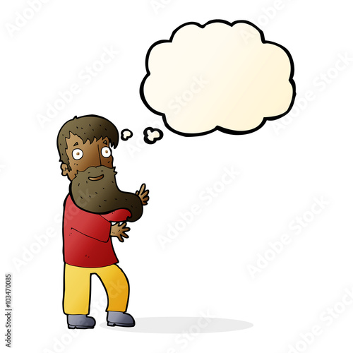 cartoon excited bearded man with thought bubble