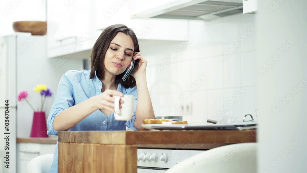 Beautiful young woman talking on cellphone and drinking tea in the kitchen
Beautiful young woman talking on cellphone and drinking tea in the kitchen