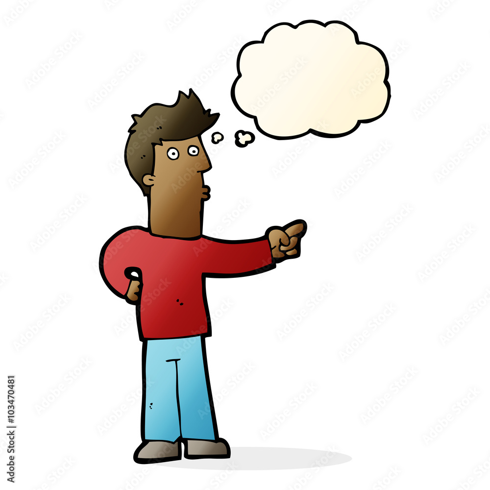 cartoon curious man pointing with thought bubble cartoon curious man pointing with thought bubble