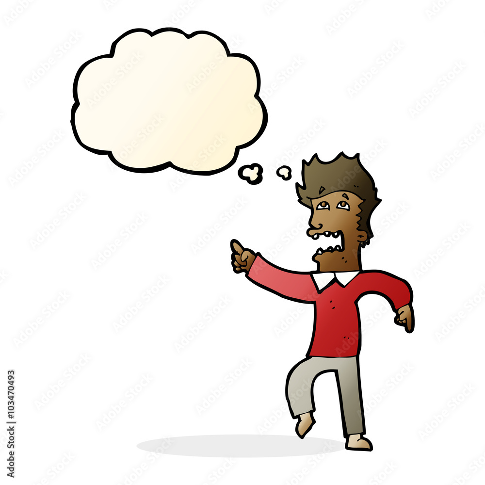 cartoon frightened man pointing with thought bubble cartoon frightened man pointing with thought bubble
