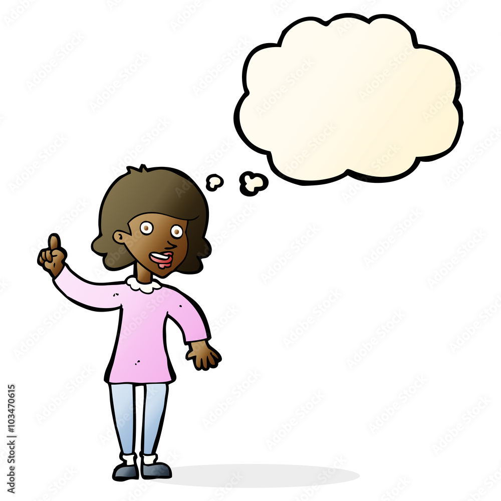 cartoon woman with idea with thought bubble cartoon woman with idea with thought bubble