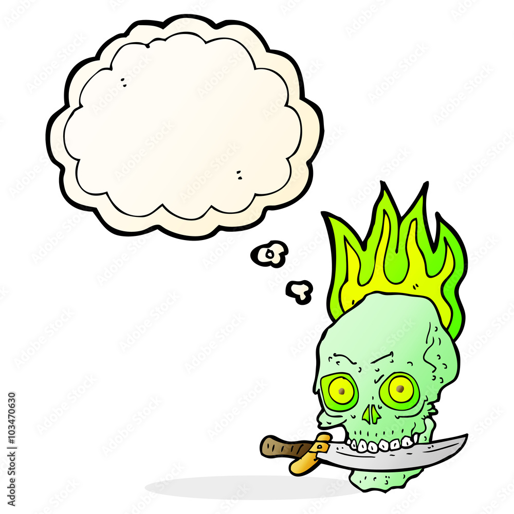 Fototapeta premium cartoon pirate skull with knife in teeth with thought bubble