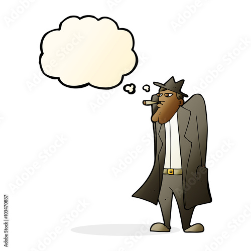 cartoon man in hat and trench coat with thought bubble
