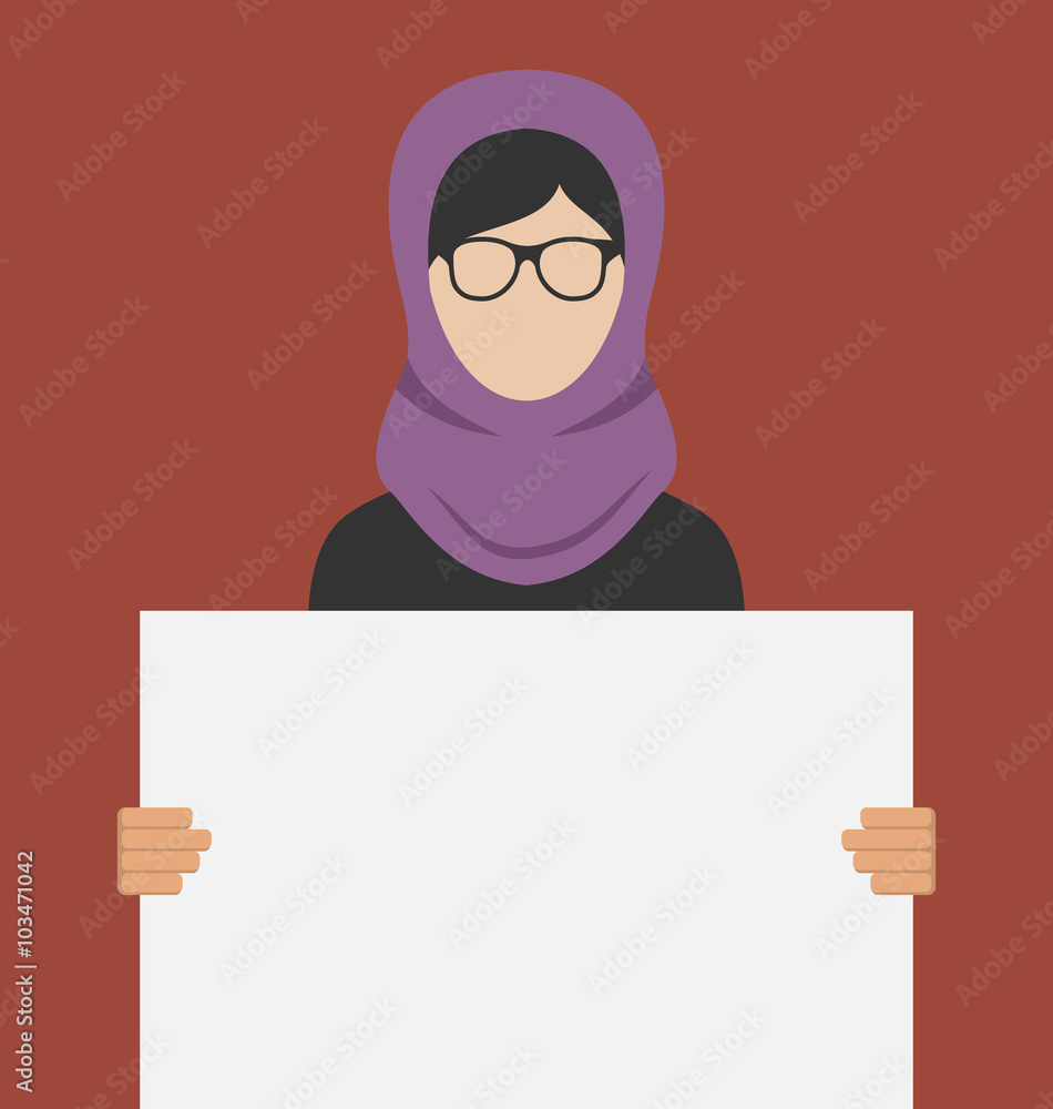 Arabic Woman Holding a Blank Horizontal Banner Arabic Woman Holding a Blank Horizontal Banner