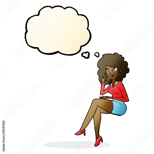 cartoon office woman sitting with thought bubble