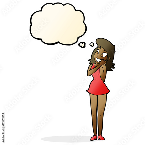 cartoon excited woman with thought bubble