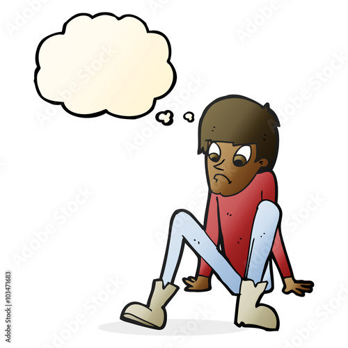 cartoon boy sitting on floor with thought bubble