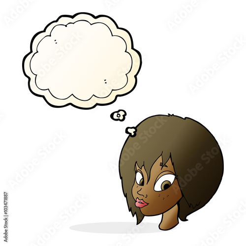cartoon pretty female face pouting with thought bubble