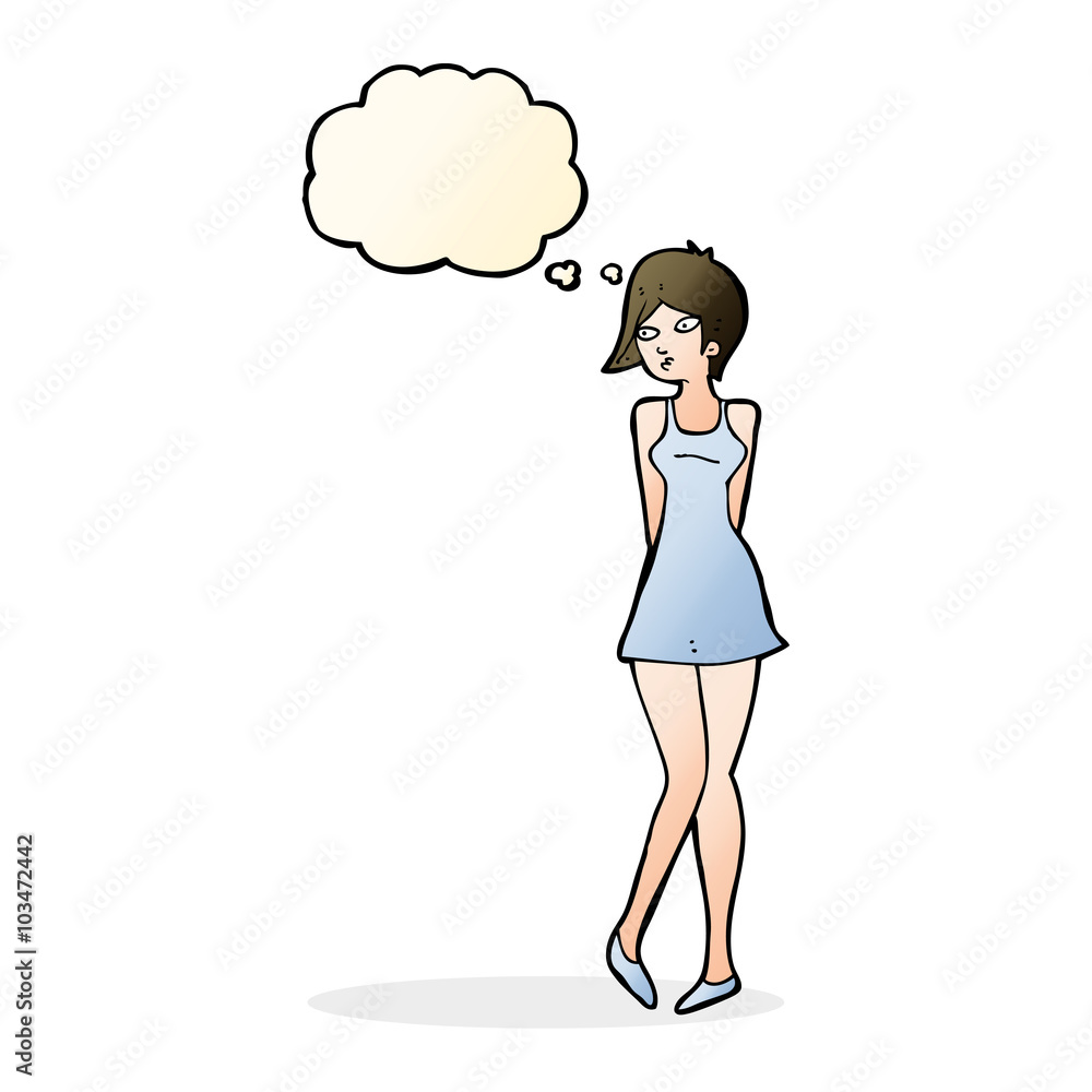 cartoon pretty woman in dress with thought bubble cartoon pretty woman in dress with thought bubble
