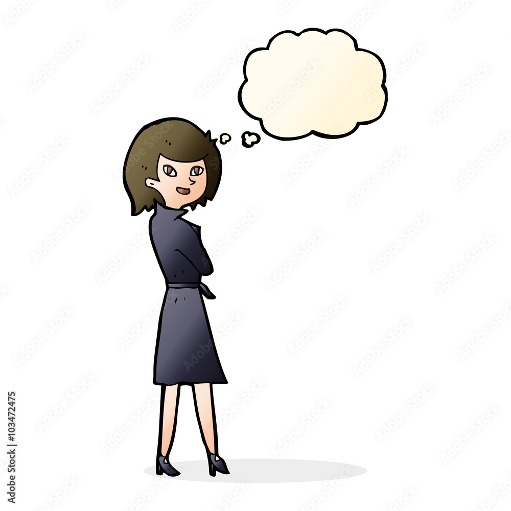 cartoon woman in trench coat with thought bubble cartoon woman in trench coat with thought bubble