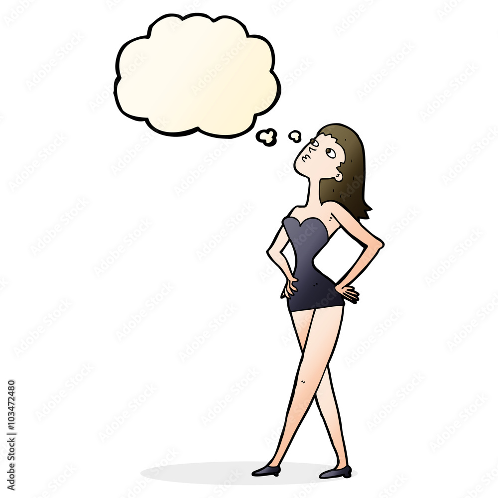 cartoon woman in party dress with thought bubble cartoon woman in party dress with thought bubble