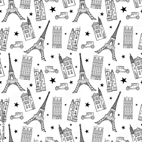Tapety Wektor Paryż ulice czarno biały rysunek wzór z wieży Eifel, domów, samochodów i gwiazd.