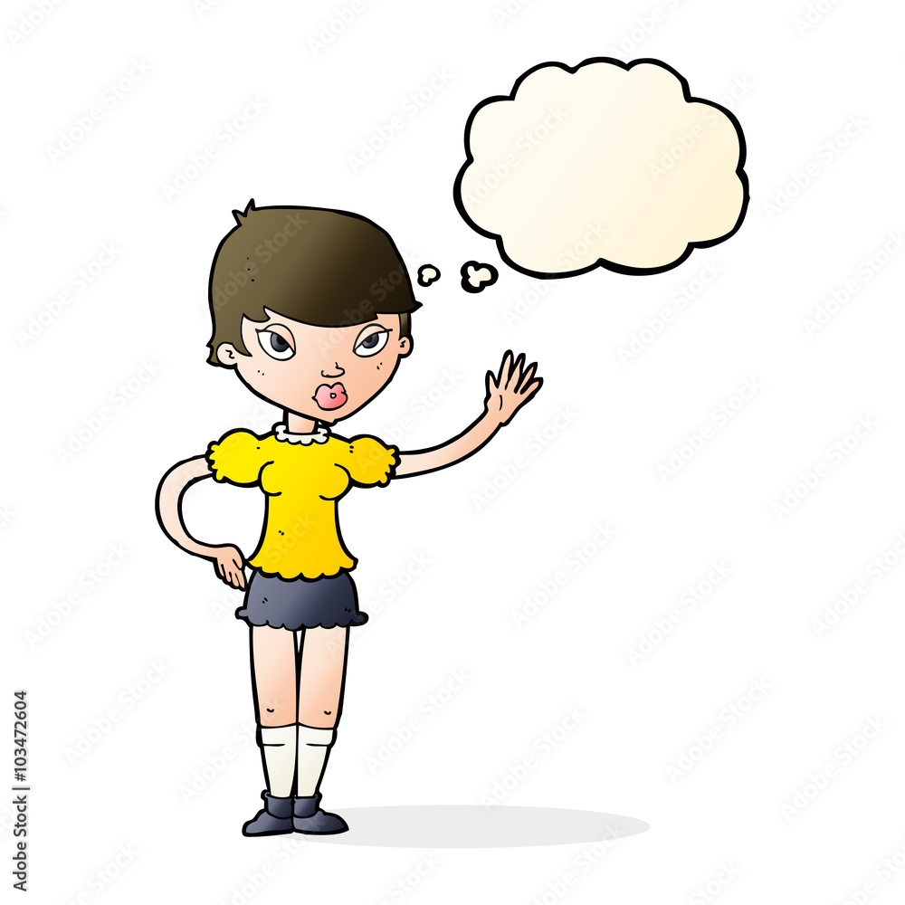 cartoon woman waving with thought bubble cartoon woman waving with thought bubble