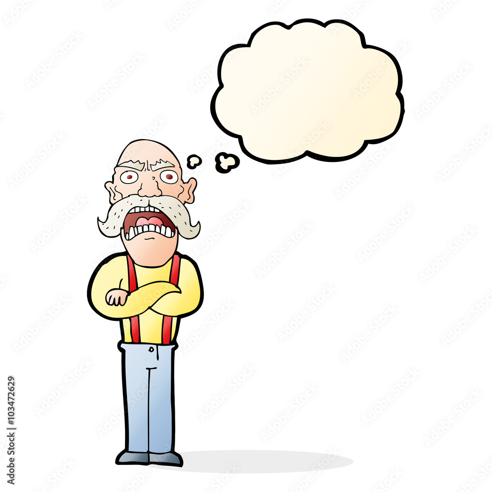 cartoon shocked old man with thought bubble