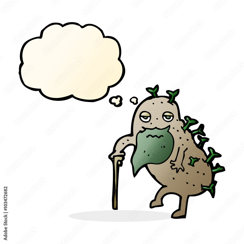 cartoon old potato with thought bubble