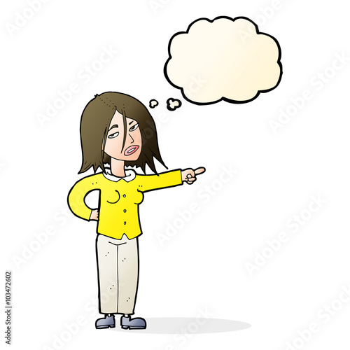 cartoon woman pointing with thought bubble