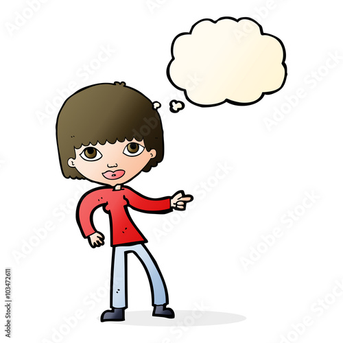 cartoon woman pointing with thought bubble