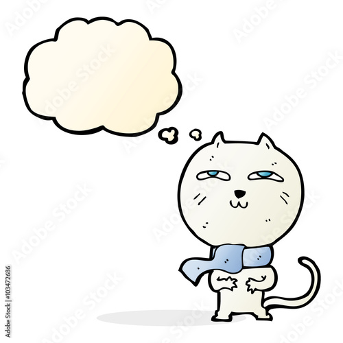 cartoon funny cat wearing scarf with thought bubble