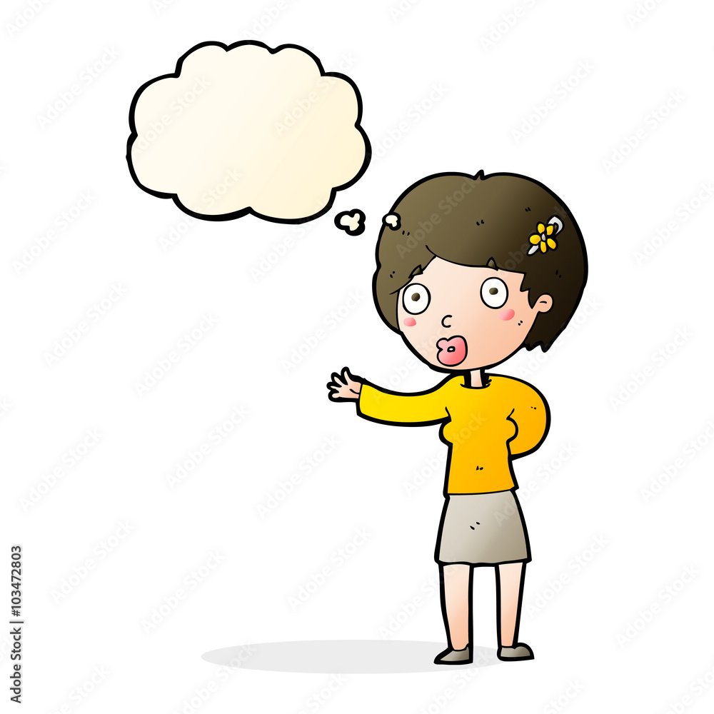 cartoon waving woman with thought bubble cartoon waving woman with thought bubble