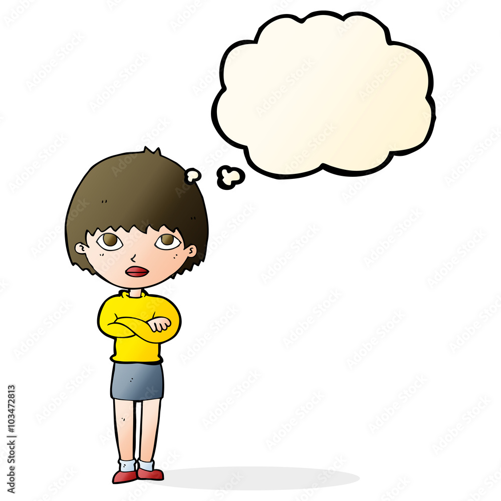 cartoon woman with crossed arms with thought bubble cartoon woman with crossed arms with thought bubble