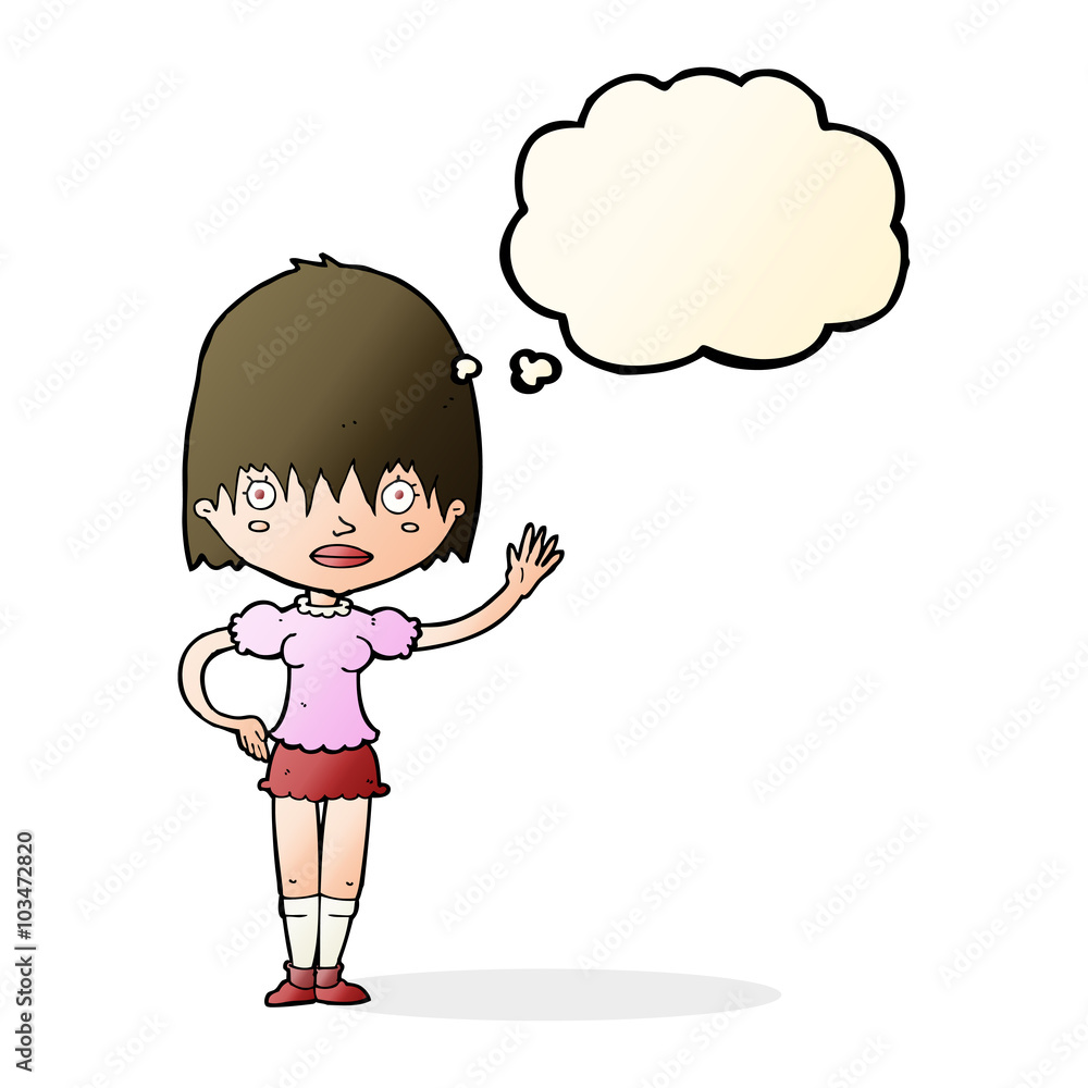 cartoon waving woman with thought bubble cartoon waving woman with thought bubble