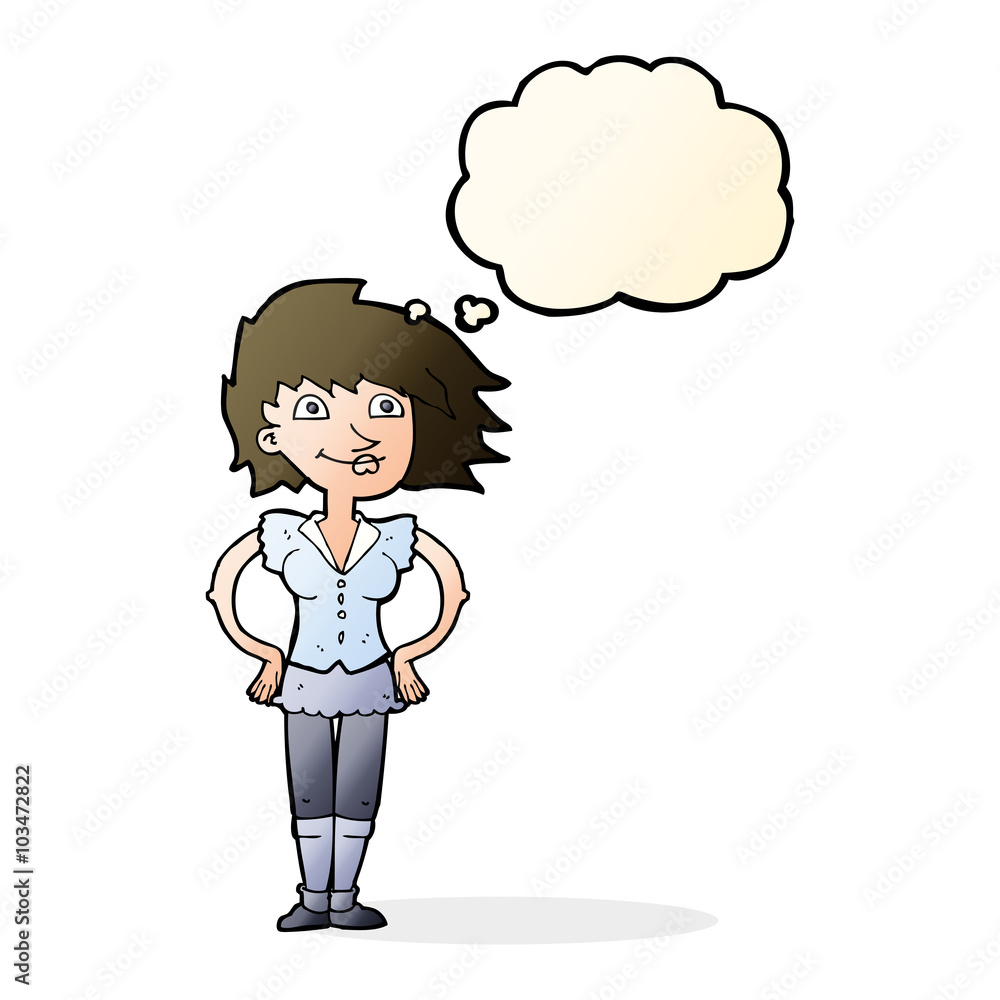 cartoon woman with hands on hips with thought bubble cartoon woman with hands on hips with thought bubble