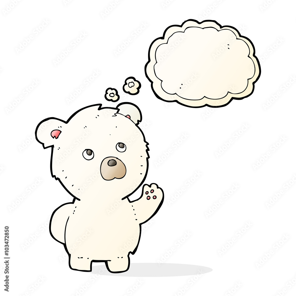 cartoon waving polar bear with thought bubble