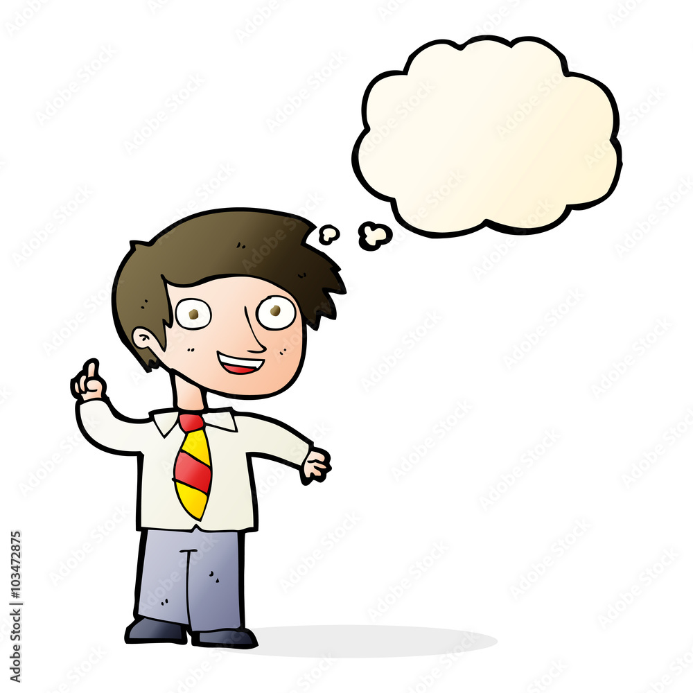 cartoon school boy with idea with thought bubble cartoon school boy with idea with thought bubble