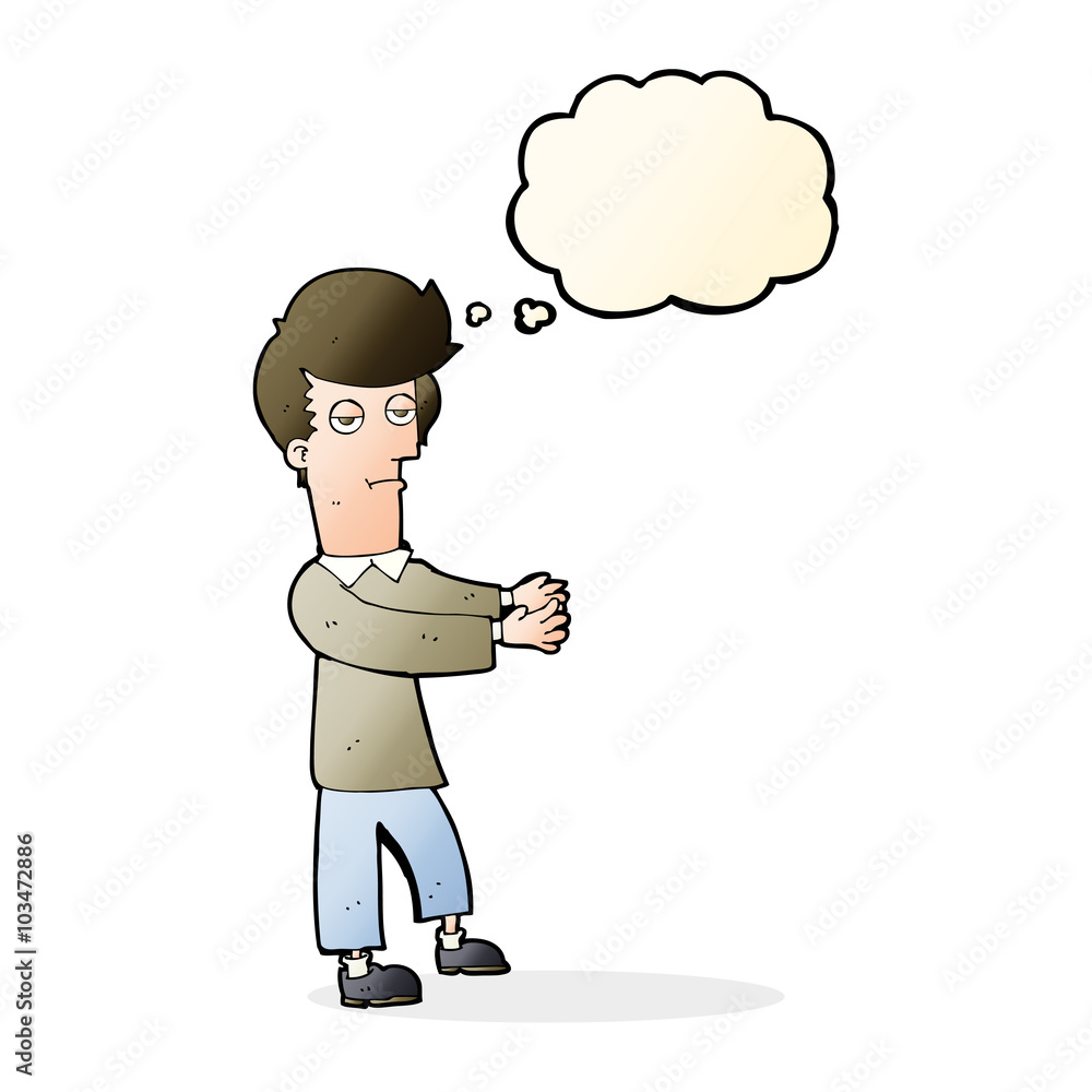 cartoon bored man showing the way with thought bubble cartoon bored man showing the way with thought bubble
