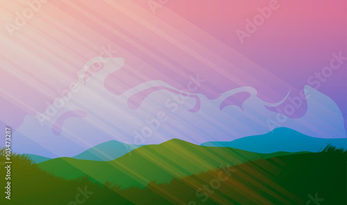 Vector illustration. Meadows and mountains at sunset