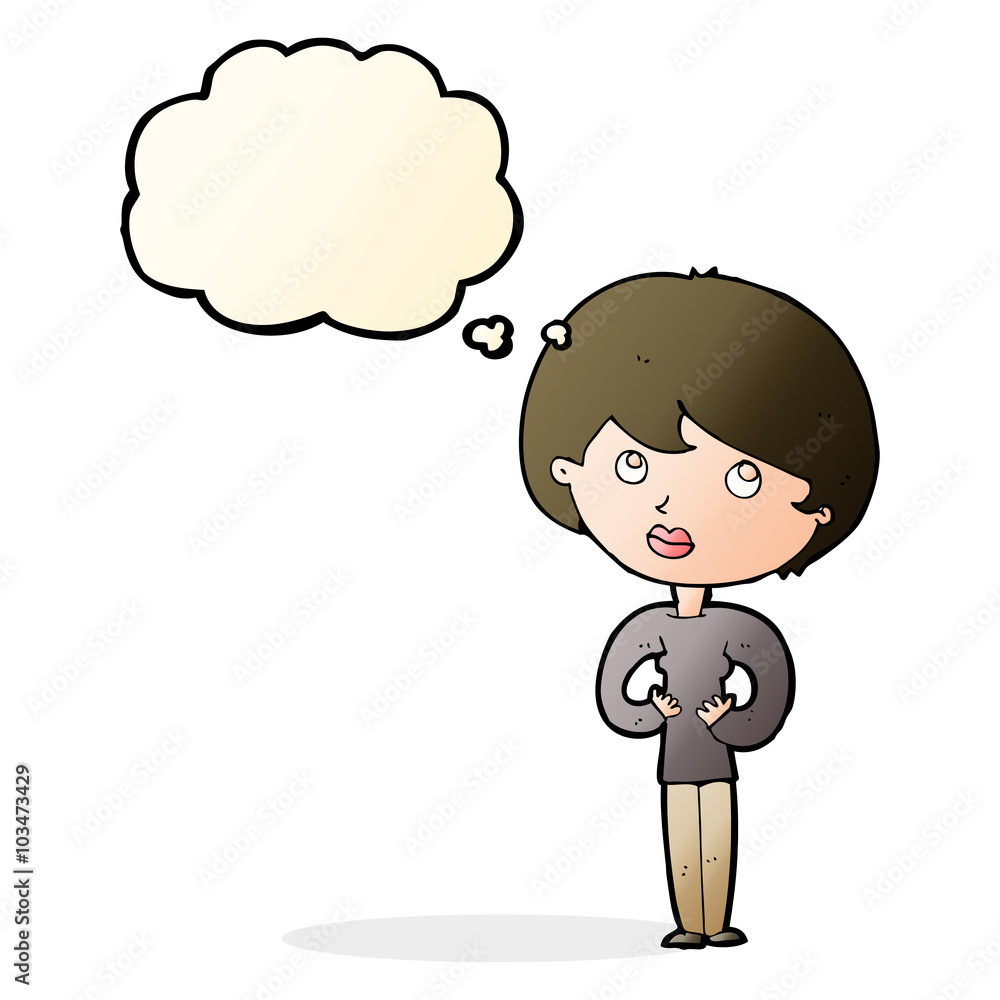 cartoon woman making Who Me? gesture with thought bubble cartoon woman making Who Me? gesture with thought bubble
