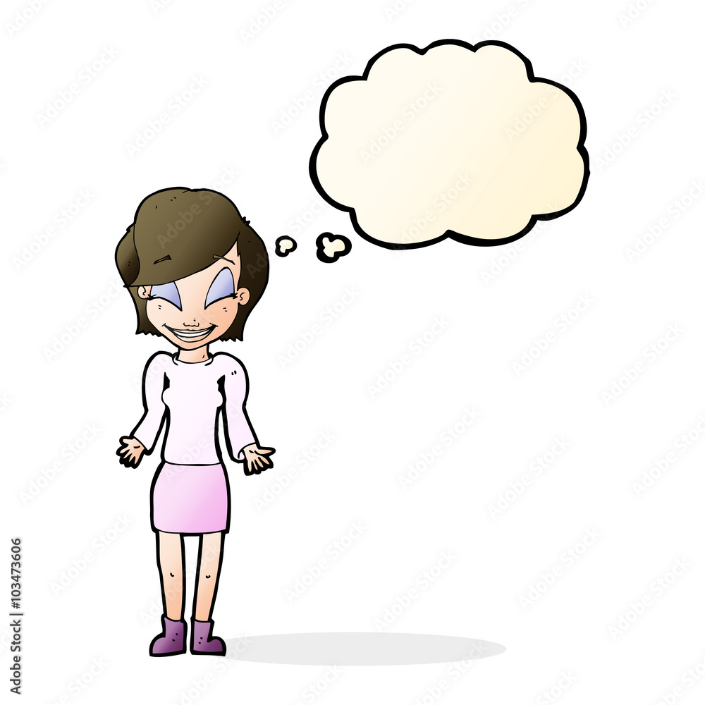 cartoon happy woman shrugging shoulders with thought bubble cartoon happy woman shrugging shoulders with thought bubble