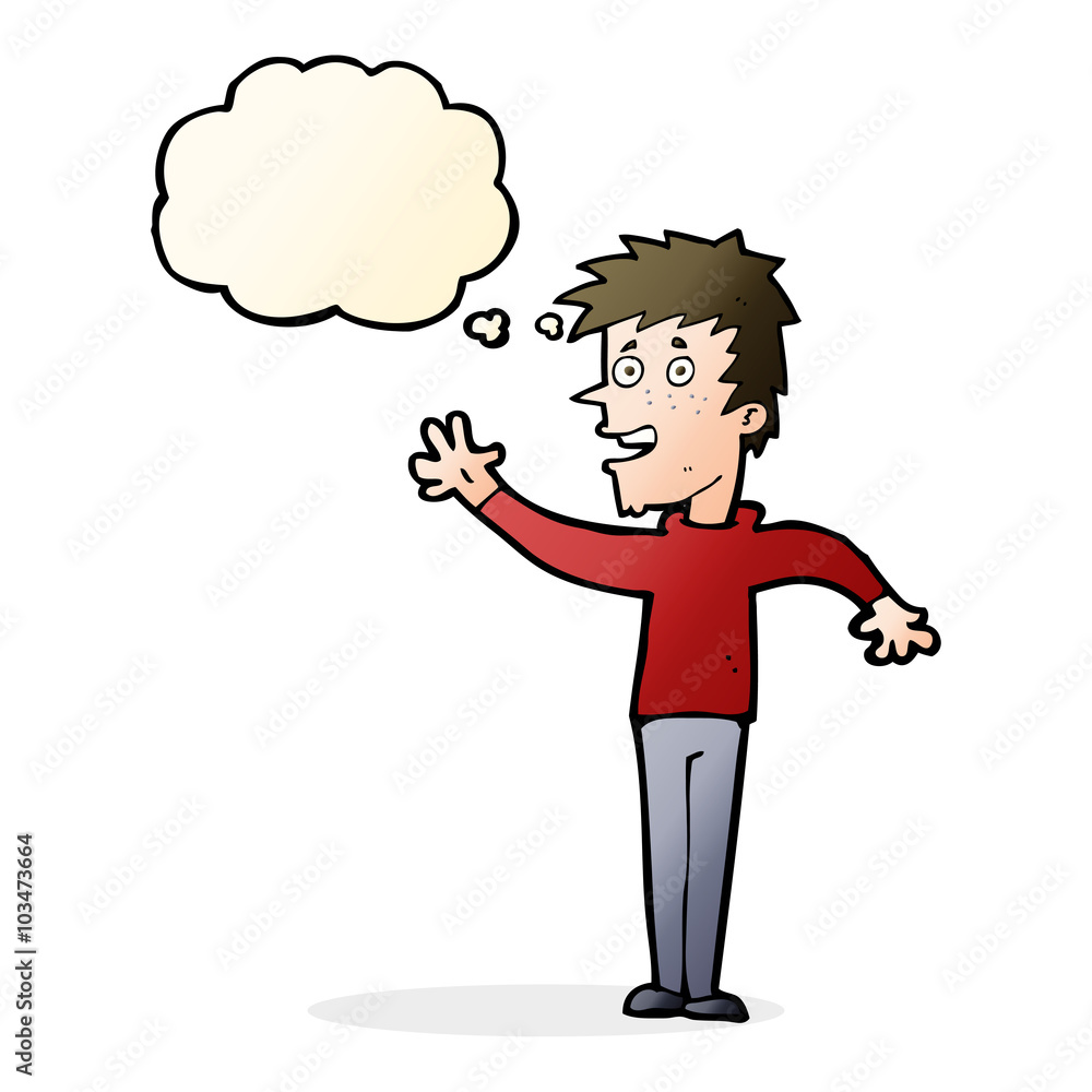 cartoon happy boy waving with thought bubble cartoon happy boy waving with thought bubble