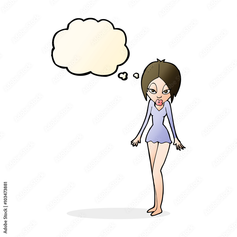 cartoon woman in short dress with thought bubble cartoon woman in short dress with thought bubble