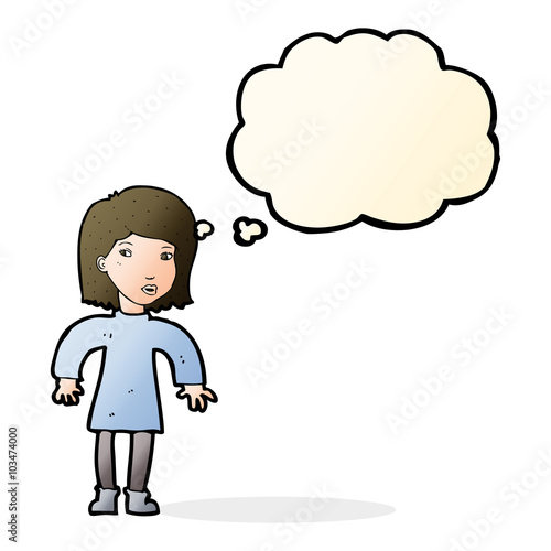 cartoon cautious woman with thought bubble