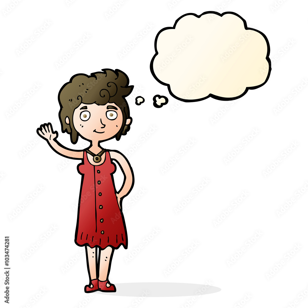 cartoon hippie woman waving with thought bubble cartoon hippie woman waving with thought bubble