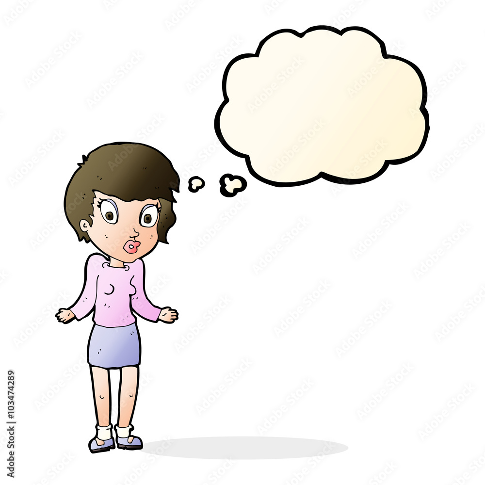 cartoon woman shrugging shoulders with thought bubble cartoon woman shrugging shoulders with thought bubble