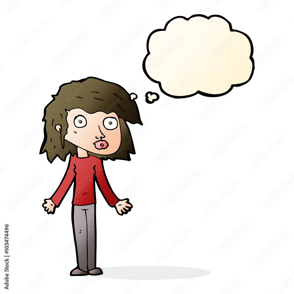 cartoon girl shrugging shoulders with thought bubble cartoon girl shrugging shoulders with thought bubble