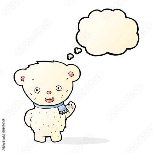 cartoon polar bear waving with thought bubble