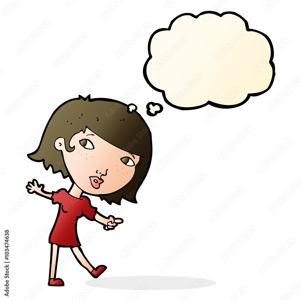 cartoon happy girl gesturing to follow with thought bubble cartoon happy girl gesturing to follow with thought bubble