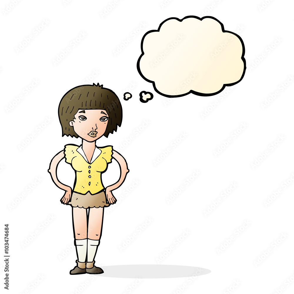 cartoon woman with hands on hips with thought bubble cartoon woman with hands on hips with thought bubble