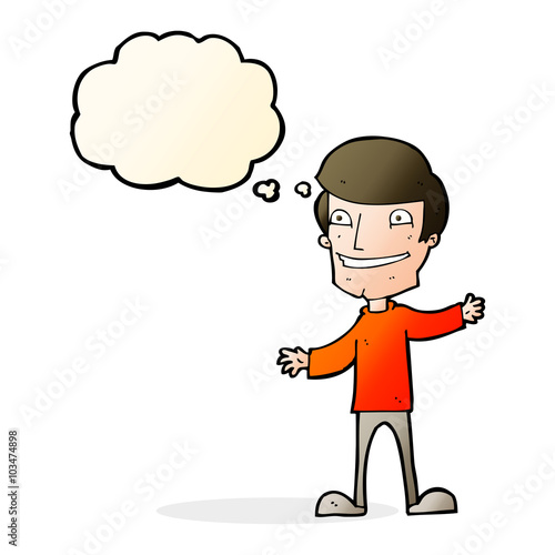 cartoon grinning man with thought bubble