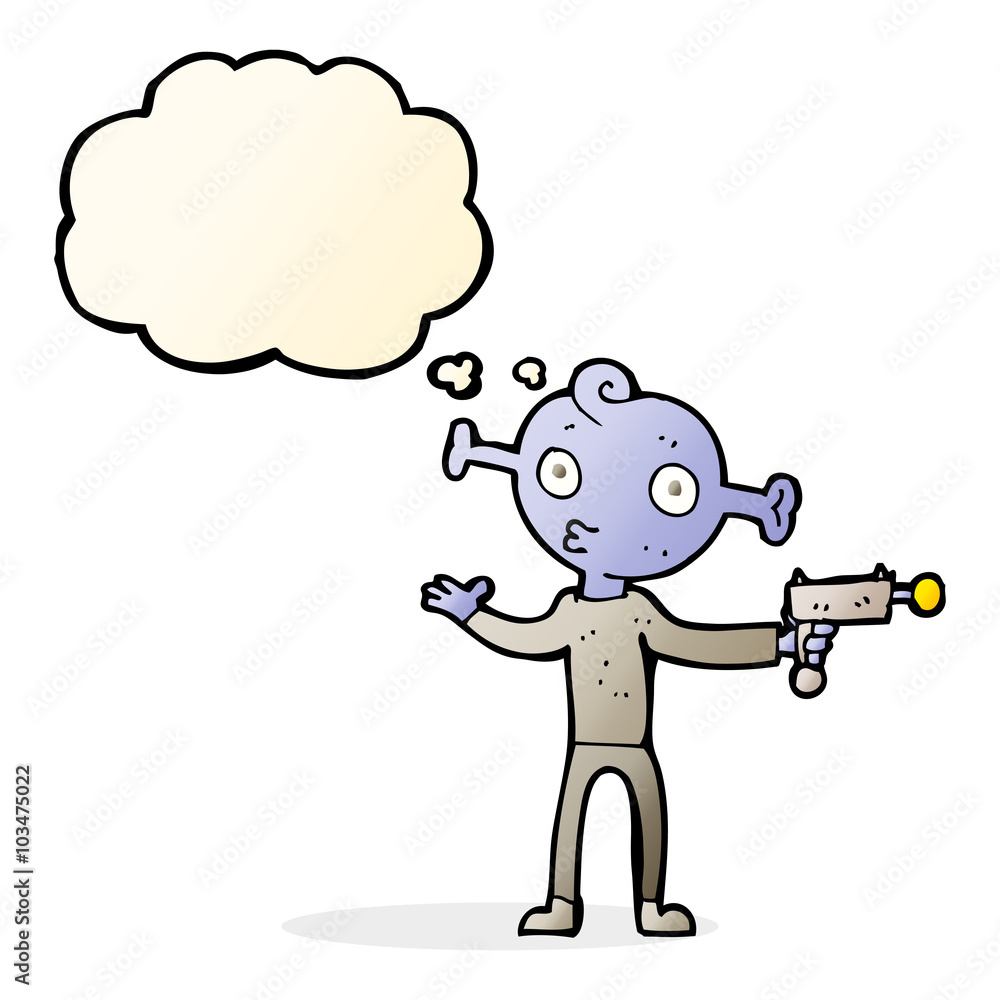 cartoon alien with ray gun with thought bubble