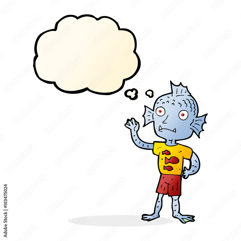 cartoon waving fish boy with thought bubble cartoon waving fish boy with thought bubble
