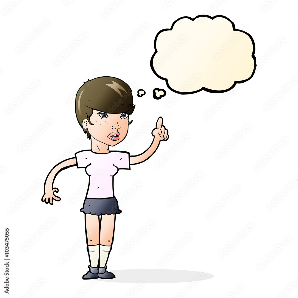 cartoon woman with idea with thought bubble cartoon woman with idea with thought bubble